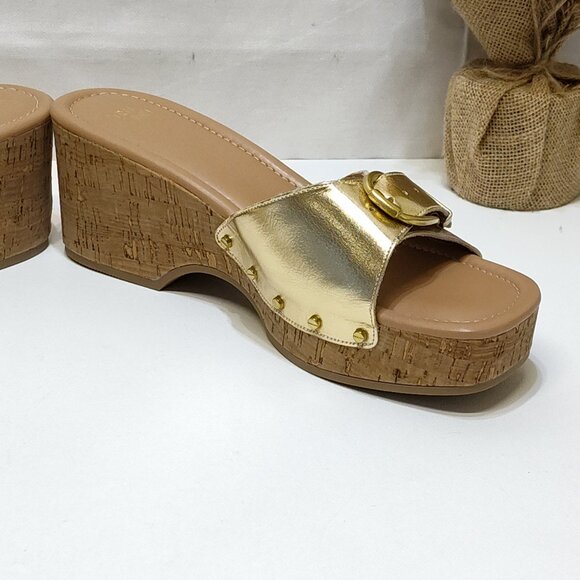 Time and Tru Gold Buckle Cork Wedge Platform Memory Foam Sandals Size 11 NWT - Picture 7 of 9